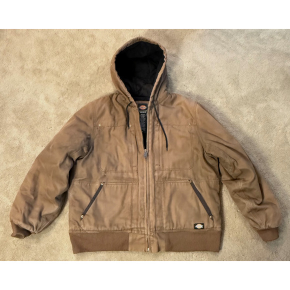Dickies Jacket Mens Duck Thick Quilted Brown Zip Hoodie Chore Canvas Size XL - Picture 1 of 10